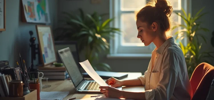 A woman looking at a document at a desk in an office illustrates how to evaluate a business model