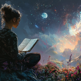 A fantasy image of a woman sitting in flowers while journaling, thinking about ways to be more creative