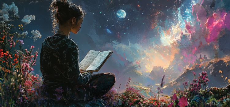 A fantasy image of a woman sitting in flowers while journaling, thinking about ways to be more creative