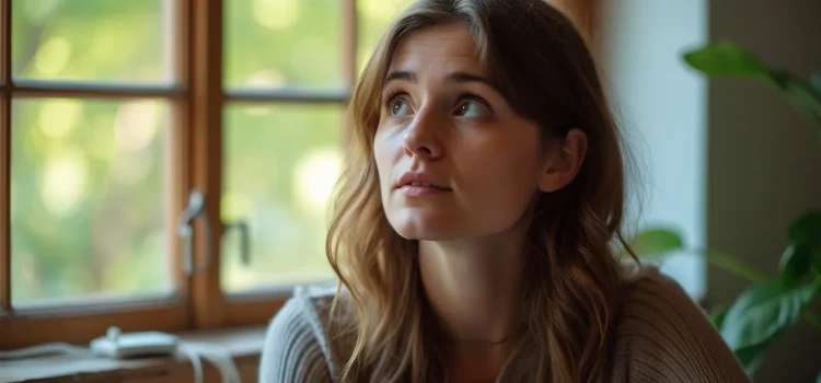 A woman with brown wavy hair looking up in thought with a window behind her illustrates an insight mindset