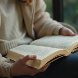 A woman wearing a cream-colored sweater and jeans reading a book that she's holding on her lap