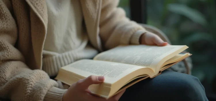 A woman wearing a cream-colored sweater and jeans reading a book that she's holding on her lap