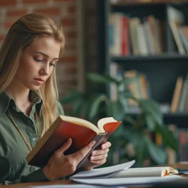 A woman with long blonde hair and a green blouse reading a book at a desk in an office with a bookshelf in the background
