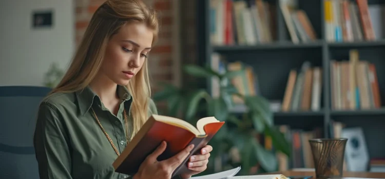 A woman with long blonde hair and a green blouse reading a book at a desk in an office with a bookshelf in the background