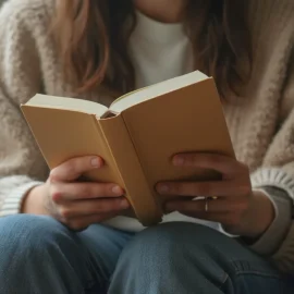A woman wearing an oatmeal-colored sweater and jeans reading a yellow book while sitting on a couch