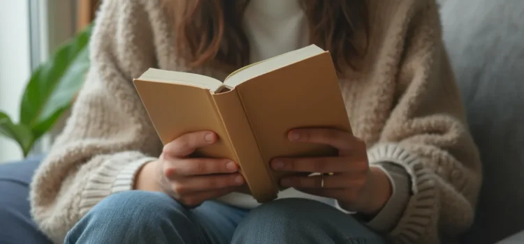 A woman wearing an oatmeal-colored sweater and jeans reading a yellow book while sitting on a couch