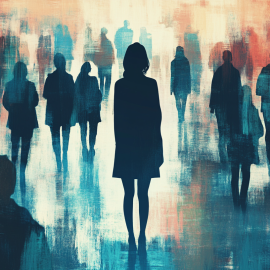 A sketch of silhouettes, with one woman standing apart from the crowd, illustrates the factors of success