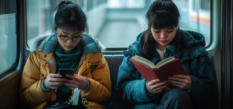 Two woman on a train—one looking at her phone and the other reading a book—illustrates the disadvantages of digital reading