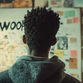 A man, seen from behind, looking at a whiteboard that says "WOOP" illustrates Wish, Outcome, Obstacle, Plan