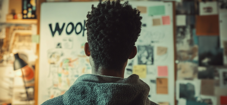 A man, seen from behind, looking at a whiteboard that says "WOOP" illustrates Wish, Outcome, Obstacle, Plan
